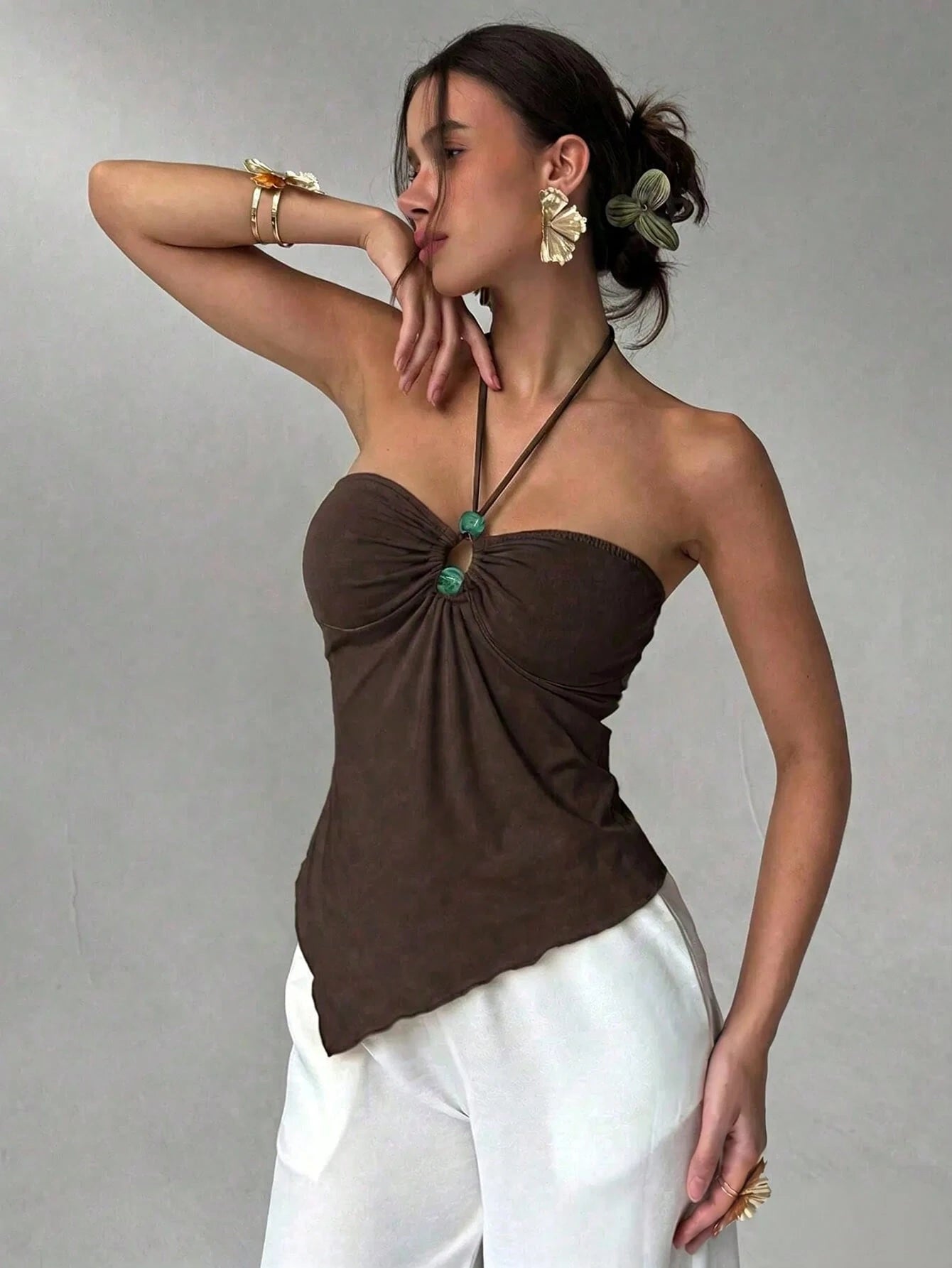 Aloruh Women's Dark Brown Summer,Seksi Chic,Beach Vacation Boho Tropical Halter Neck Backless Tank Top,Beaded Hollow Asymmetrical Hem Strapless Elegant Tops