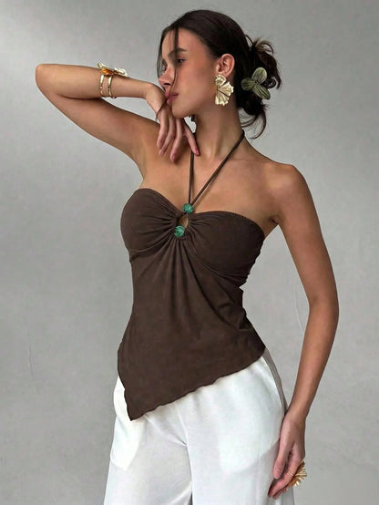 Aloruh Women's Dark Brown Summer,Seksi Chic,Beach Vacation Boho Tropical Halter Neck Backless Tank Top,Beaded Hollow Asymmetrical Hem Strapless Elegant Tops