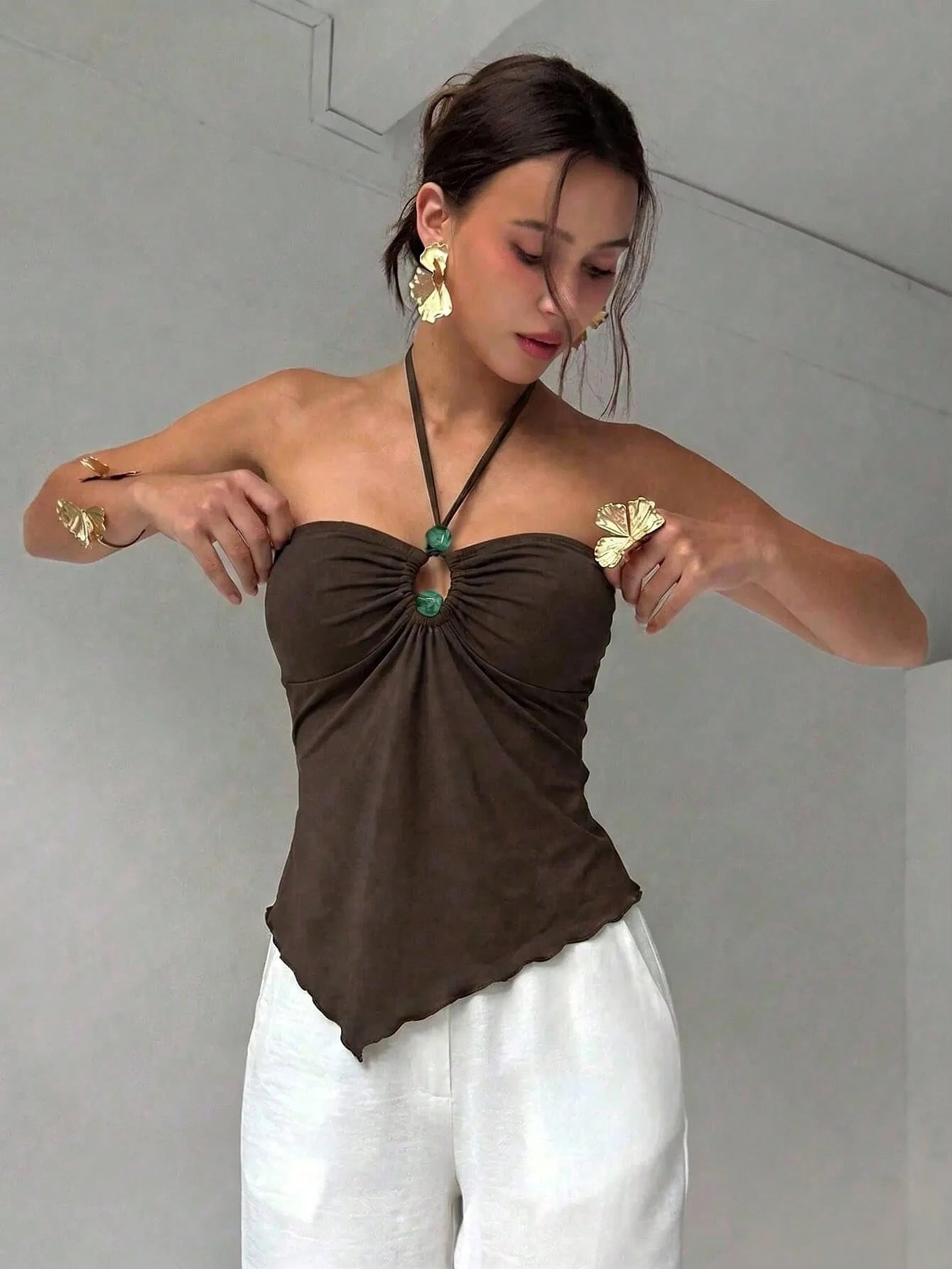 Aloruh Women's Dark Brown Summer,Seksi Chic,Beach Vacation Boho Tropical Halter Neck Backless Tank Top,Beaded Hollow Asymmetrical Hem Strapless Elegant Tops