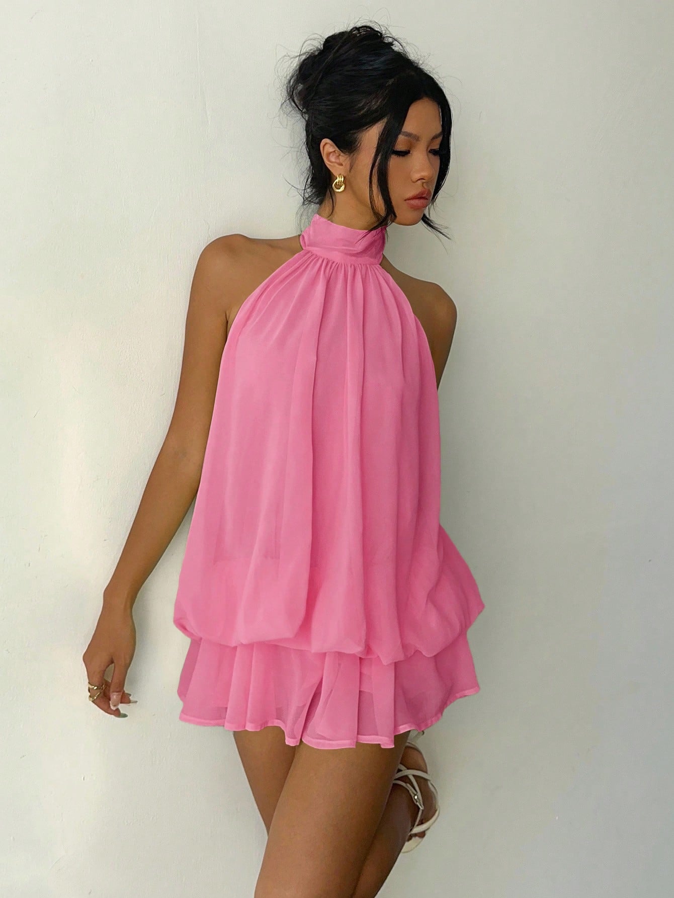 Aloruh Women's Elegant Light Yellow Halter Tie Mini Dress