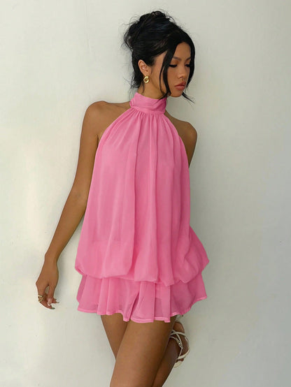 Aloruh Women's Elegant Light Yellow Halter Tie Mini Dress