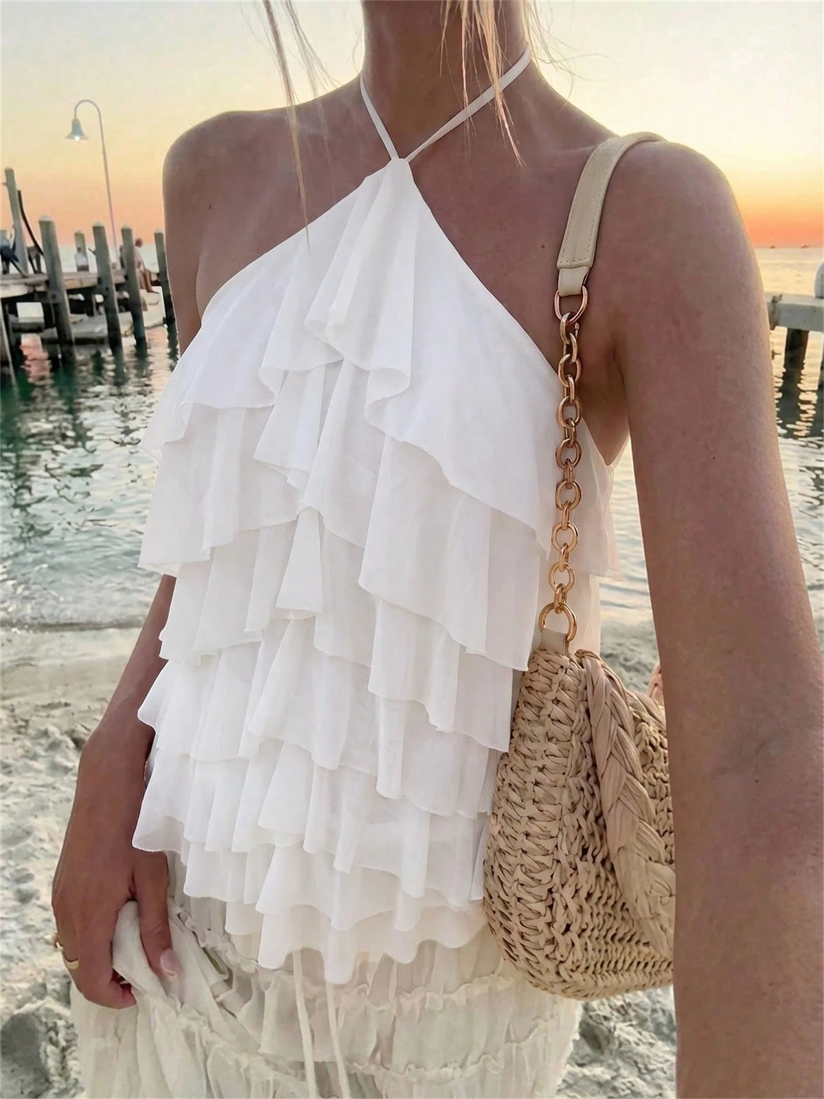 Aloruh Women's Elegant Romantic Tie-Up Neck Layered Ruffle White Vacation/Date Top,Summer Top