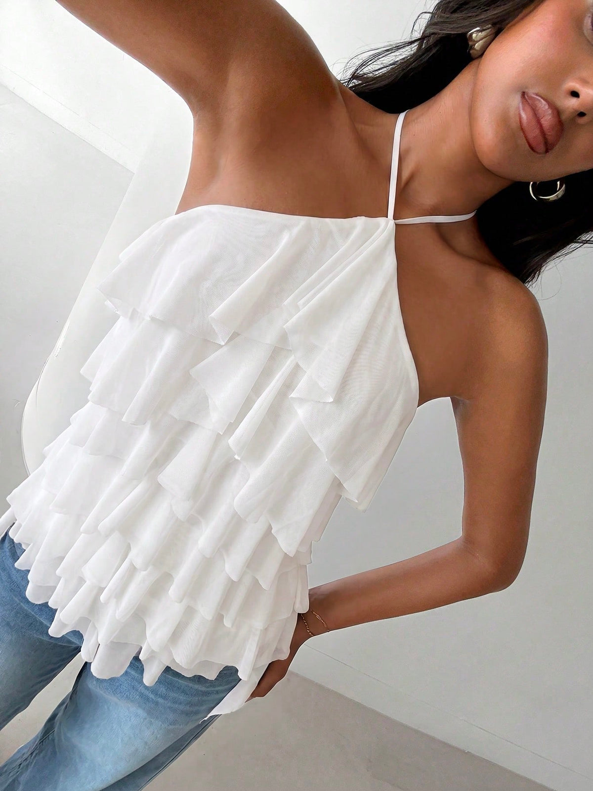 Aloruh Women's Elegant Romantic Tie-Up Neck Layered Ruffle White Vacation/Date Top,Summer Top