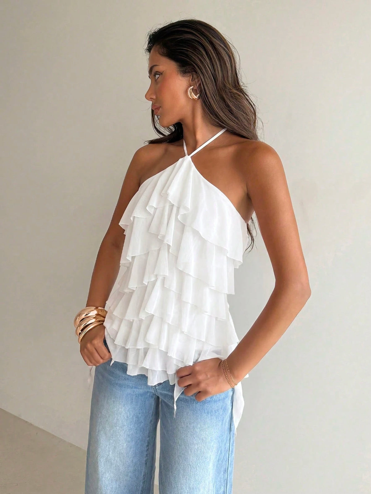 Aloruh Women's Elegant Romantic Tie-Up Neck Layered Ruffle White Vacation/Date Top,Summer Top