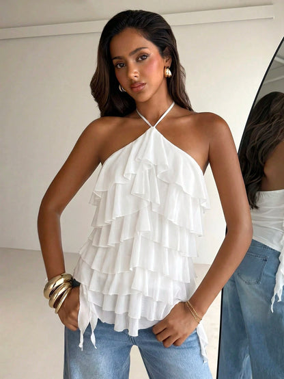 Aloruh Women's Elegant Romantic Tie-Up Neck Layered Ruffle White Vacation/Date Top,Summer Top