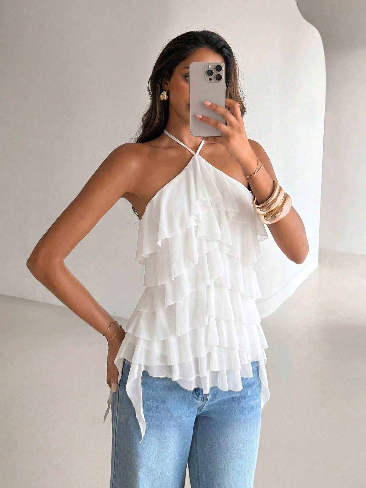Aloruh Women's Elegant Romantic Tie-Up Neck Layered Ruffle White Vacation/Date Top,Summer Top
