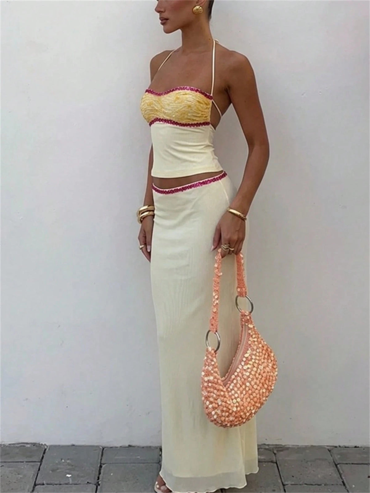 Aloruh Women's Elegant Sexy Beaded Embroidery Decor Backless Halter Top