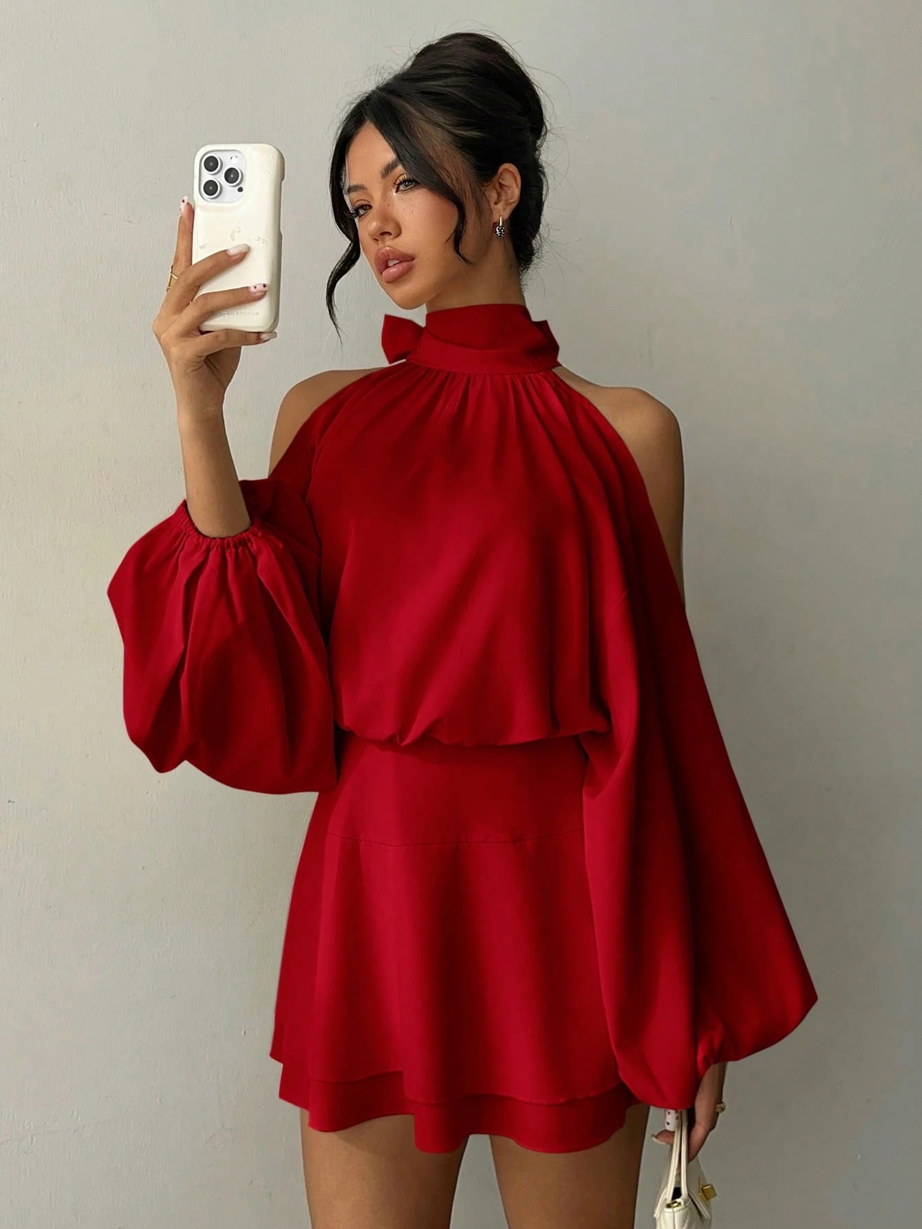 Aloruh Women's New Apricot Solid Color Mini Dress, Long Sleeve, Lantern Design, A-Line Party Date Afternoon Tea Autumn/Winter