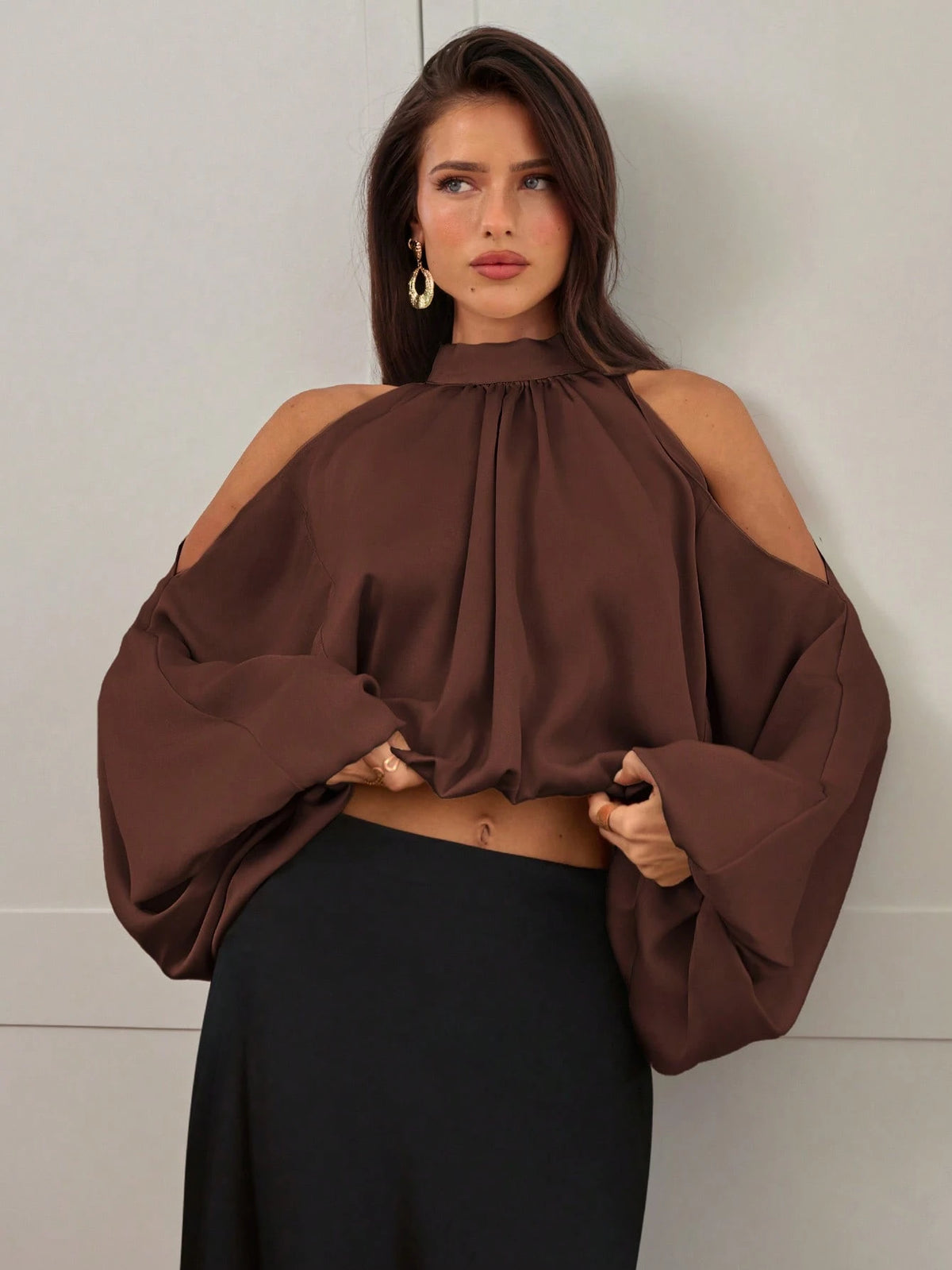 Aloruh Women's New Satin Blouse, Long Sleeve Top, Solid Color Champagne White, Puff Sleeve Design, Elegant And Sexy Party Wear, Autumn/Winter