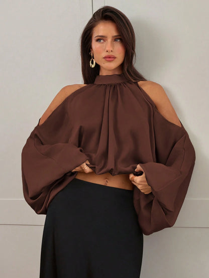 Aloruh Women's New Satin Blouse, Long Sleeve Top, Solid Color Champagne White, Puff Sleeve Design, Elegant And Sexy Party Wear, Autumn/Winter