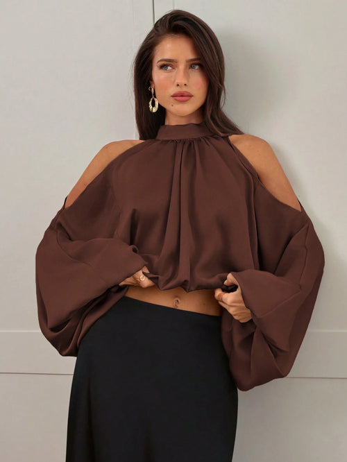 Aloruh Women's New Satin Blouse, Long Sleeve Top, Solid Color Champagne White, Puff Sleeve Design, Elegant And Sexy Party Wear, Autumn/Winter