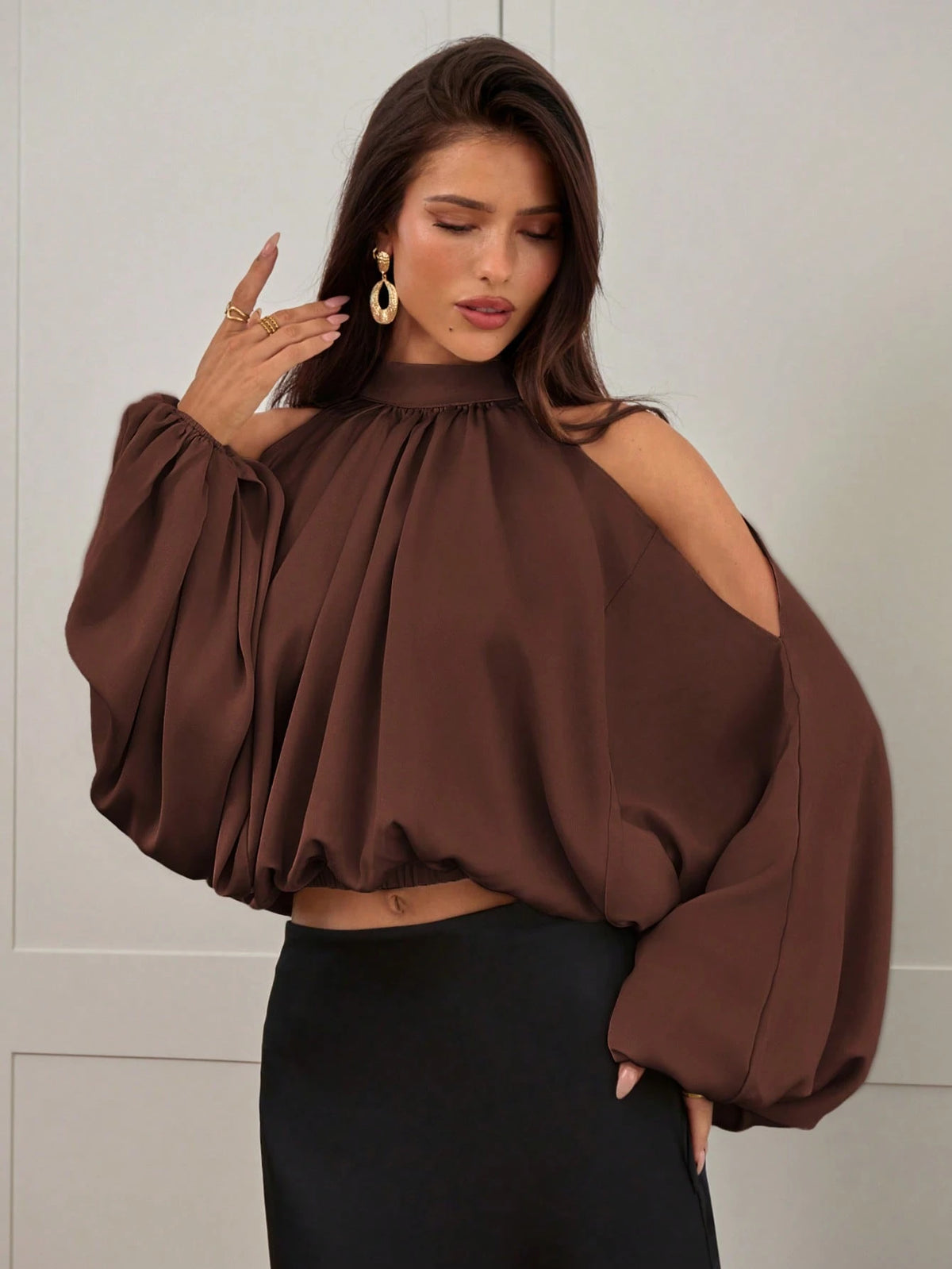 Aloruh Women's New Satin Blouse, Long Sleeve Top, Solid Color Champagne White, Puff Sleeve Design, Elegant And Sexy Party Wear, Autumn/Winter