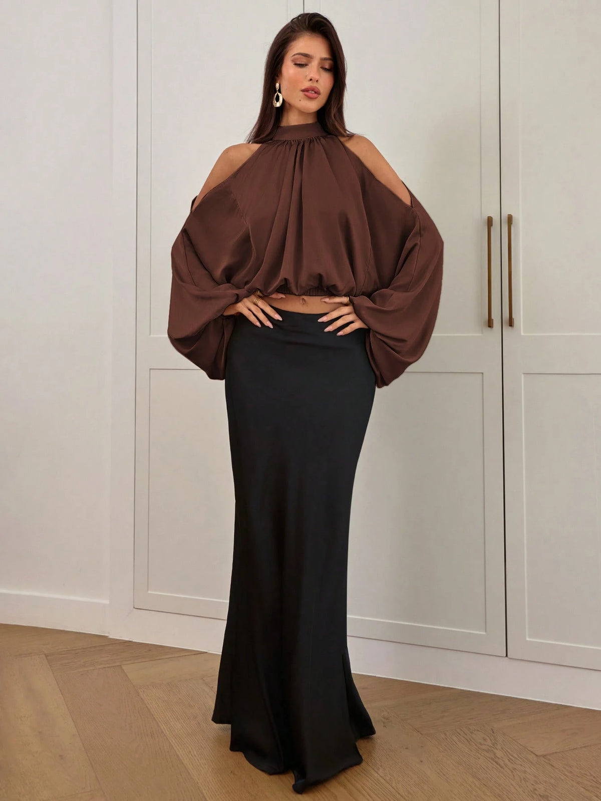 Aloruh Women's New Satin Blouse, Long Sleeve Top, Solid Color Champagne White, Puff Sleeve Design, Elegant And Sexy Party Wear, Autumn/Winter