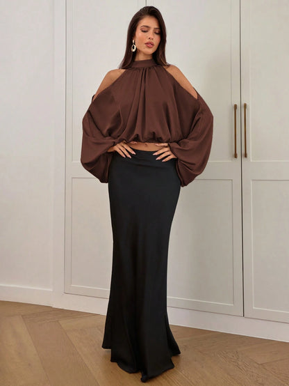 Aloruh Women's New Satin Blouse, Long Sleeve Top, Solid Color Champagne White, Puff Sleeve Design, Elegant And Sexy Party Wear, Autumn/Winter
