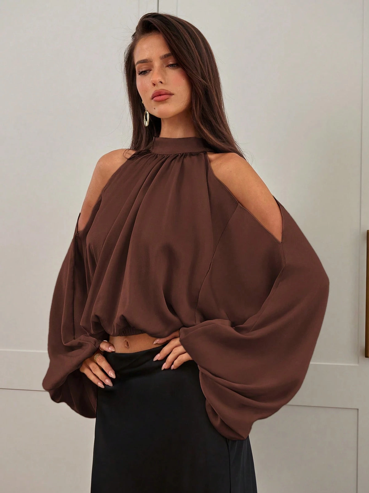 Aloruh Women's New Satin Blouse, Long Sleeve Top, Solid Color Champagne White, Puff Sleeve Design, Elegant And Sexy Party Wear, Autumn/Winter
