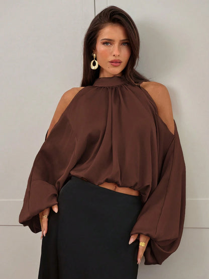 Aloruh Women's New Satin Blouse, Long Sleeve Top, Solid Color Champagne White, Puff Sleeve Design, Elegant And Sexy Party Wear, Autumn/Winter