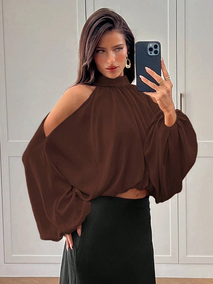 Aloruh Women's New Satin Blouse, Long Sleeve Top, Solid Color Champagne White, Puff Sleeve Design, Elegant And Sexy Party Wear, Autumn/Winter