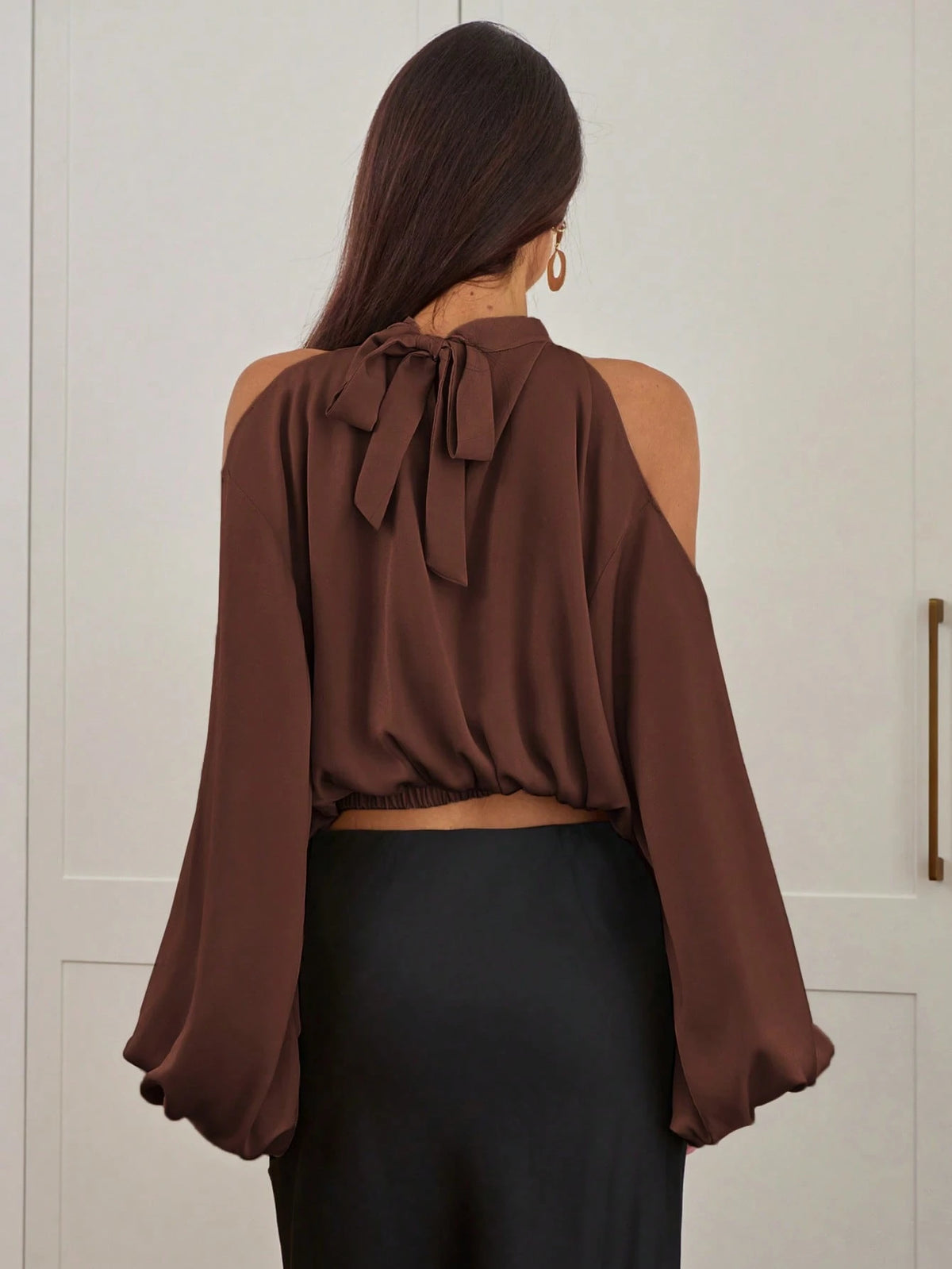 Aloruh Women's New Satin Blouse, Long Sleeve Top, Solid Color Champagne White, Puff Sleeve Design, Elegant And Sexy Party Wear, Autumn/Winter