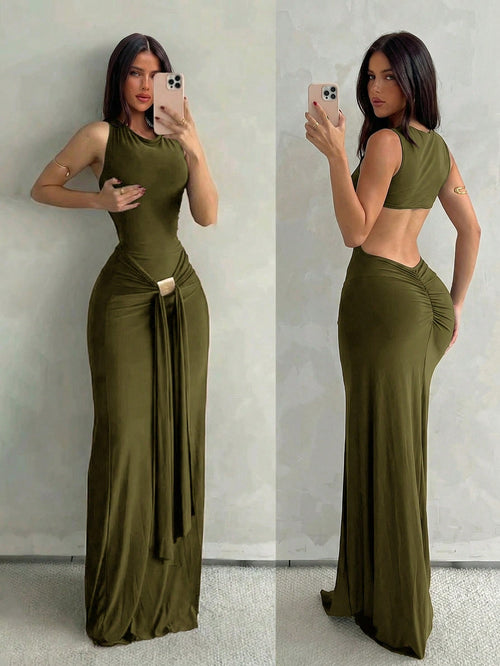 Aloruh Women's Olive Green Sleeveless Bodycon Dress With Fish Tail Hem, Suitable For Vacation, Spring/Summer Party,Wedding Guest,Graduation Dress