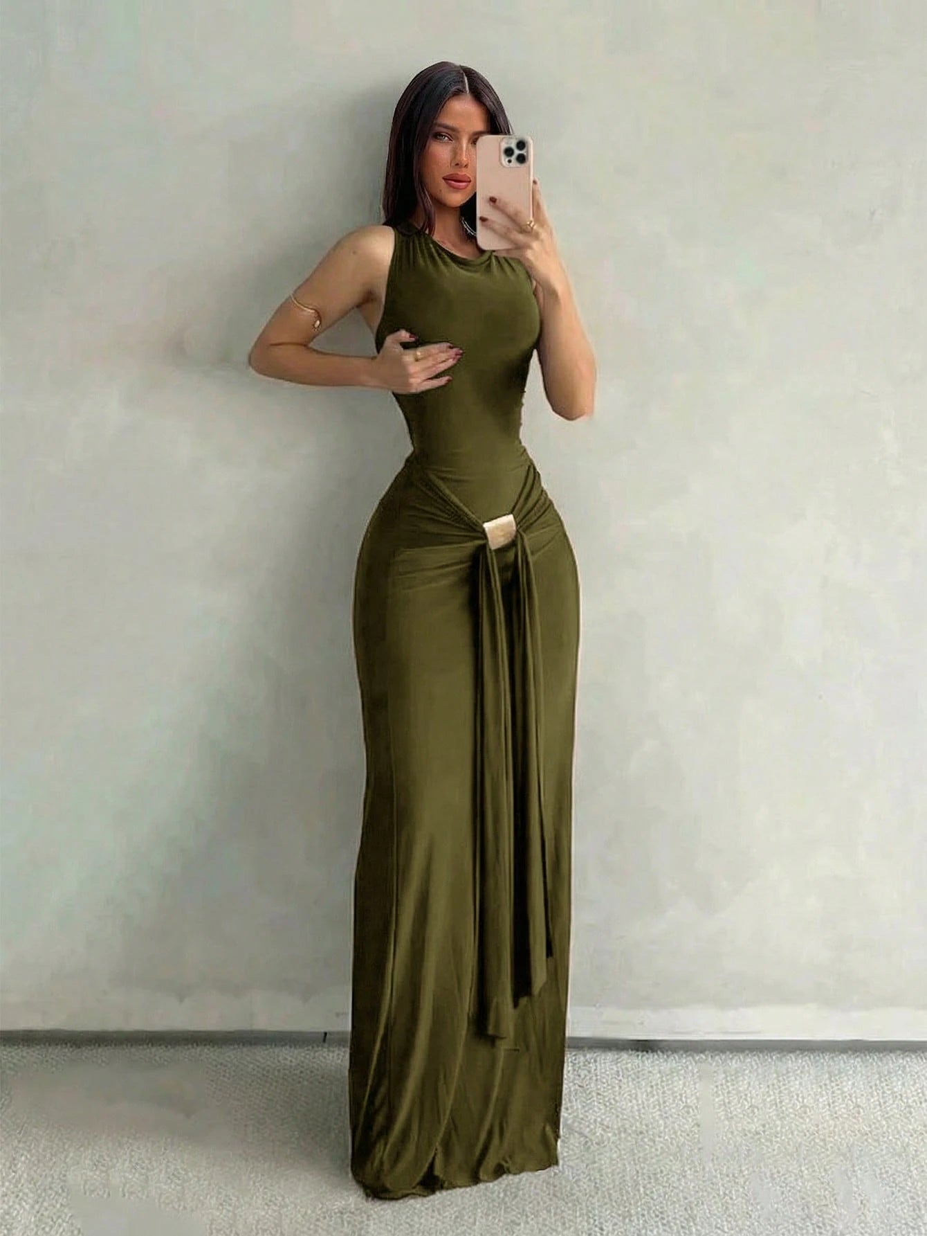 Aloruh Women's Olive Green Sleeveless Bodycon Dress With Fish Tail Hem, Suitable For Vacation, Spring/Summer Party,Wedding Guest,Graduation Dress