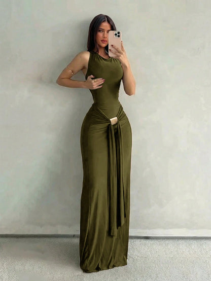 Aloruh Women's Olive Green Sleeveless Bodycon Dress With Fish Tail Hem, Suitable For Vacation, Spring/Summer Party,Wedding Guest,Graduation Dress