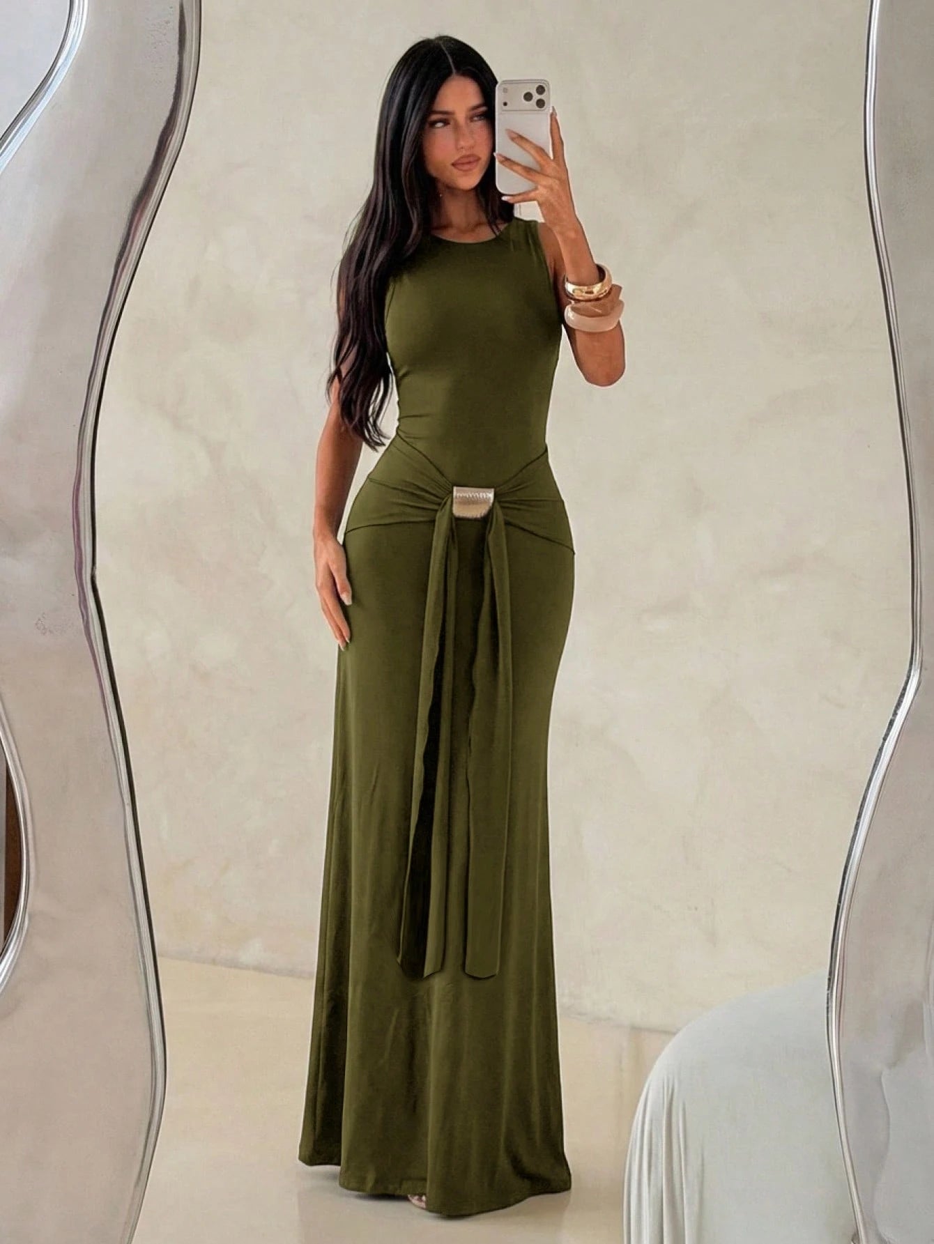 Aloruh Women's Olive Green Sleeveless Bodycon Dress With Fish Tail Hem, Suitable For Vacation, Spring/Summer Party,Wedding Guest,Graduation Dress