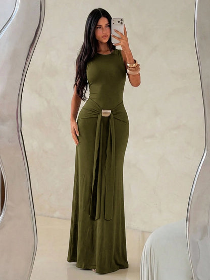 Aloruh Women's Olive Green Sleeveless Bodycon Dress With Fish Tail Hem, Suitable For Vacation, Spring/Summer Party,Wedding Guest,Graduation Dress
