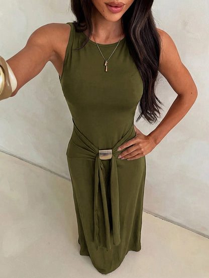 Aloruh Women's Olive Green Sleeveless Bodycon Dress With Fish Tail Hem, Suitable For Vacation, Spring/Summer Party,Wedding Guest,Graduation Dress