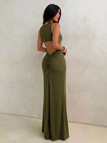 Aloruh Women's Olive Green Sleeveless Bodycon Dress With Fish Tail Hem, Suitable For Vacation, Spring/Summer Party,Wedding Guest,Graduation Dress