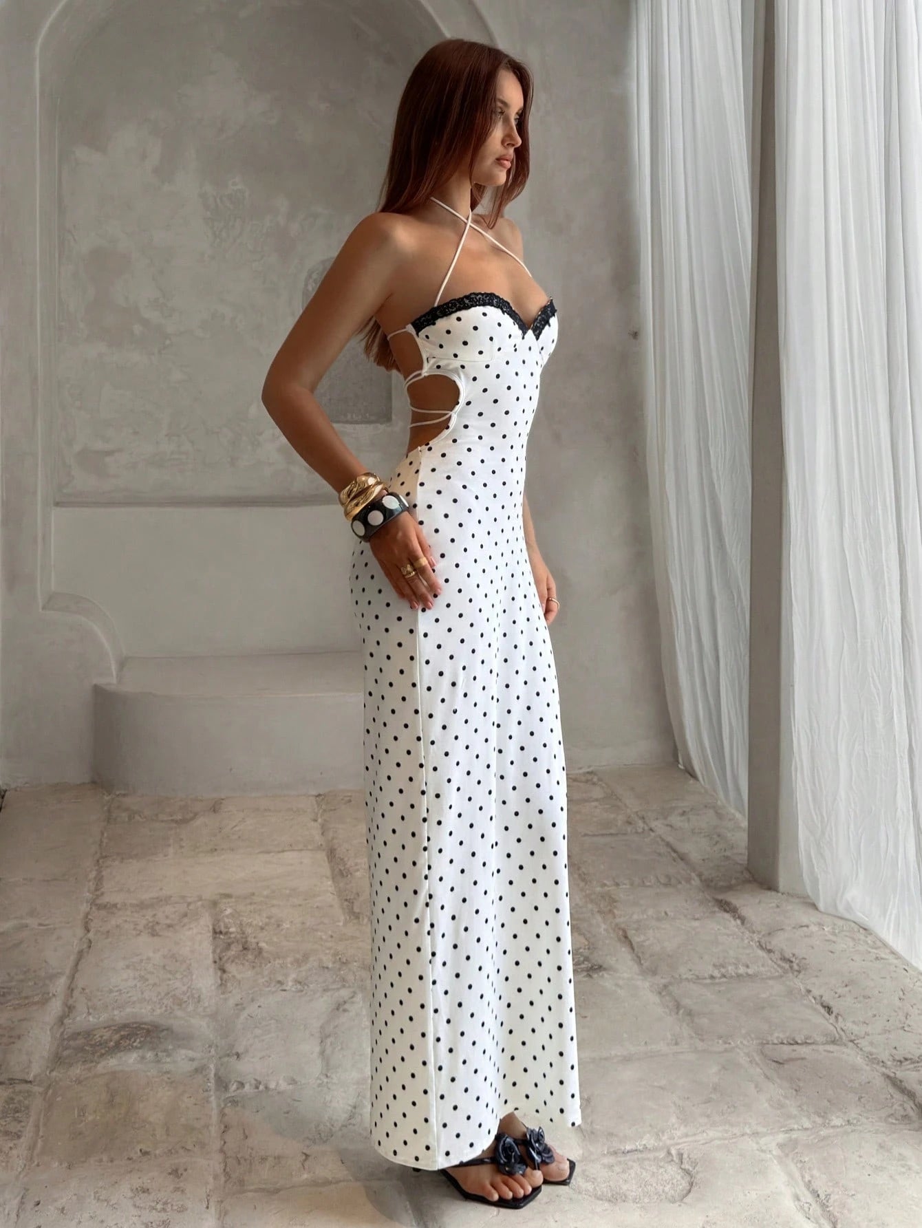 Aloruh Women's Spring/Summer New White With Black Polka Dots Dress, Retro Sexy Elegant Cup Lace Patchwork Ladies' Date Vacation Afternoon Tea Dress
