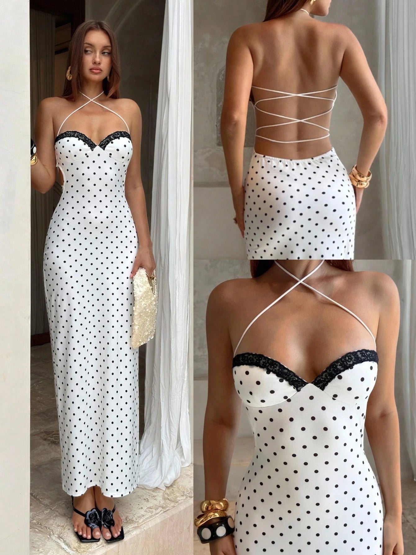 Aloruh Women's Spring/Summer New White With Black Polka Dots Dress, Retro Sexy Elegant Cup Lace Patchwork Ladies' Date Vacation Afternoon Tea Dress