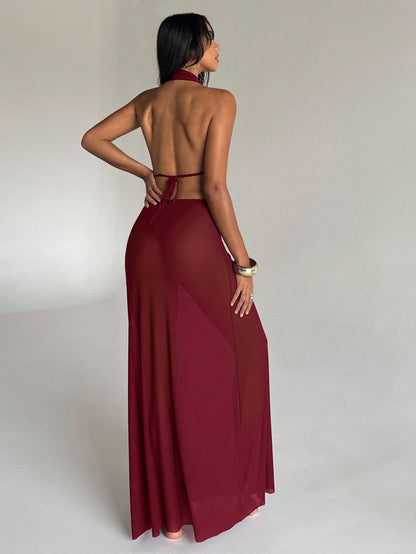 Aloruh Women's Vacation Dress, Solid Eggplant Purple, Plunging Draped Neck, Sexy Elegant Halter Backless Dress, Women's Coverup, Women's Beachwear