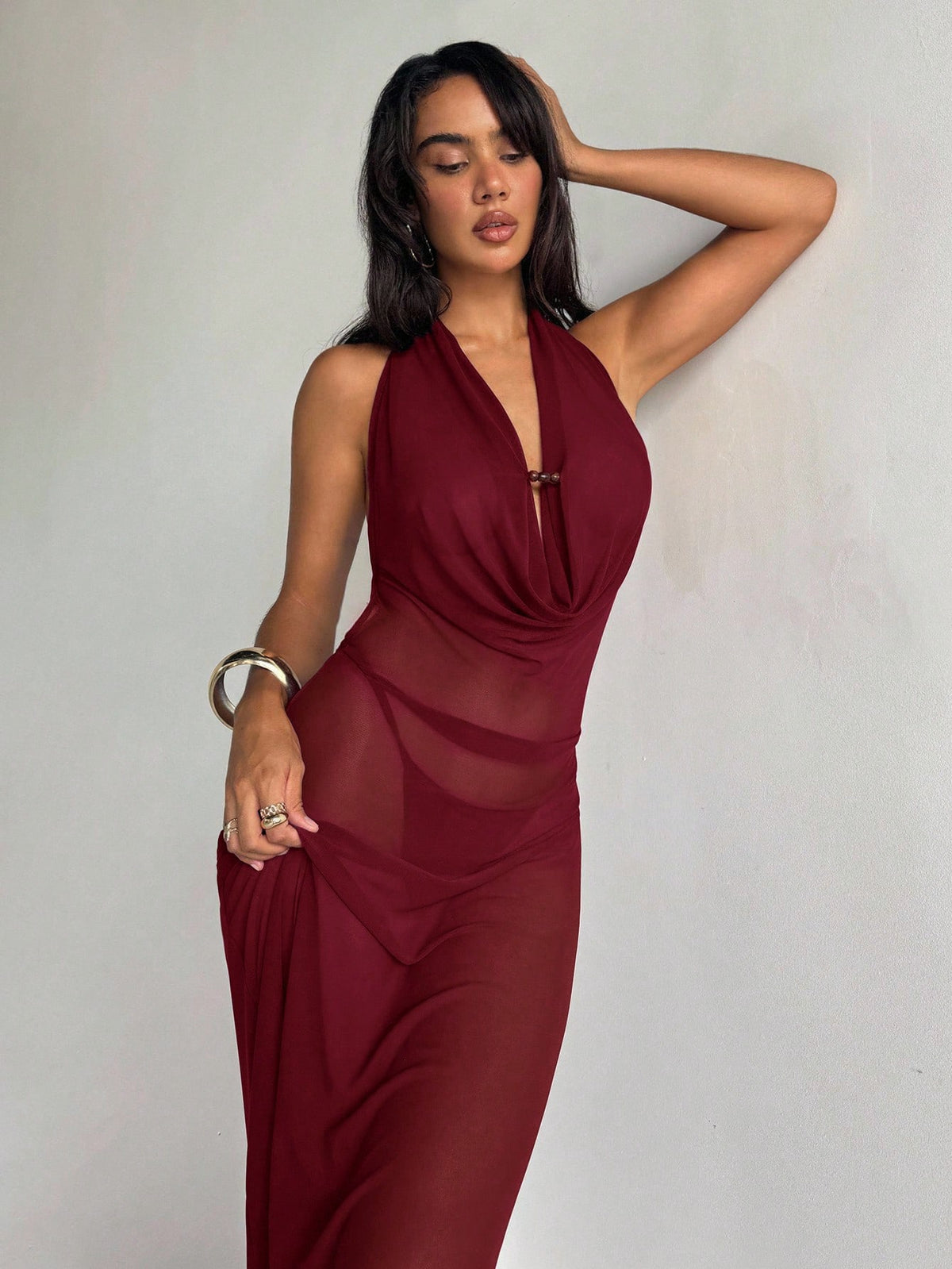 Aloruh Women's Vacation Dress, Solid Eggplant Purple, Plunging Draped Neck, Sexy Elegant Halter Backless Dress, Women's Coverup, Women's Beachwear