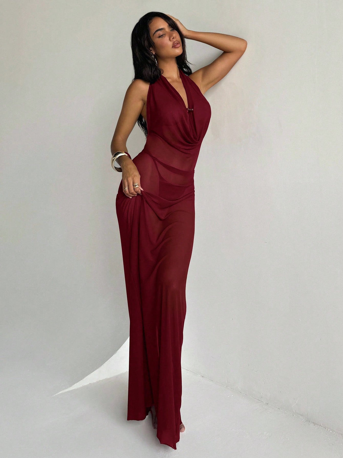 Aloruh Women's Vacation Dress, Solid Eggplant Purple, Plunging Draped Neck, Sexy Elegant Halter Backless Dress, Women's Coverup, Women's Beachwear