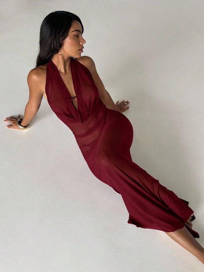 Aloruh Women's Vacation Dress, Solid Eggplant Purple, Plunging Draped Neck, Sexy Elegant Halter Backless Dress, Women's Coverup, Women's Beachwear