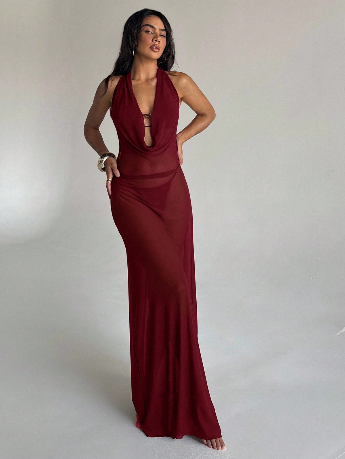 Aloruh Women's Vacation Dress, Solid Eggplant Purple, Plunging Draped Neck, Sexy Elegant Halter Backless Dress, Women's Coverup, Women's Beachwear