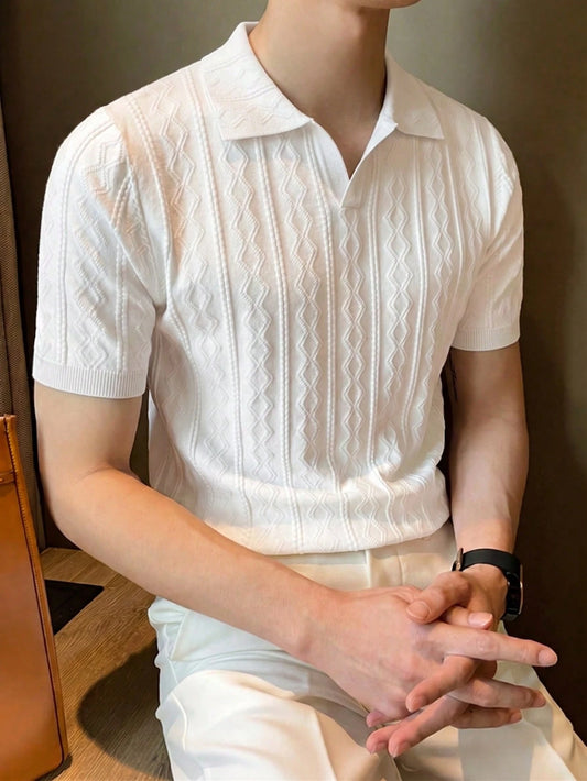 ALTZTAR Men's Short Sleeve Knitted Cable Texture Polo Collar Top