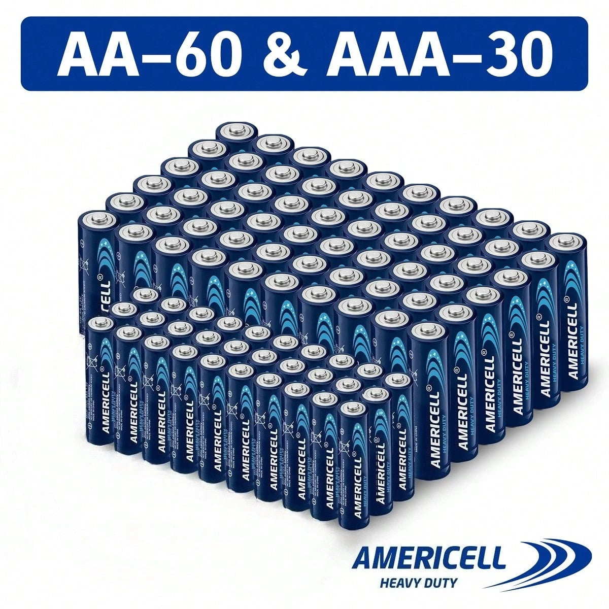 AMERICELL 90 Pcs 60AA & 30AAA Combo Pack Batteries, 1.5V Carbon Battery, Suitable For Keyboards, Clocks, Remote Controls, Toys, Flashlights, Razors, Alarm Clocks, Disposable Battery, Non-Rechargeable