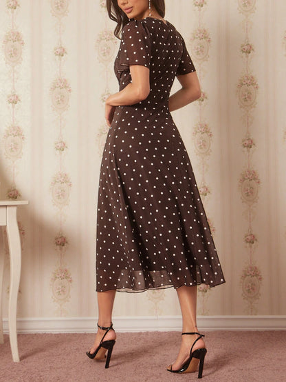 Amorya Women's Elegant 80s 70's 90s Brown And White Polka Dot Print V-Neck Mid-Length Dress Retro Zanea Summer Holiday Party