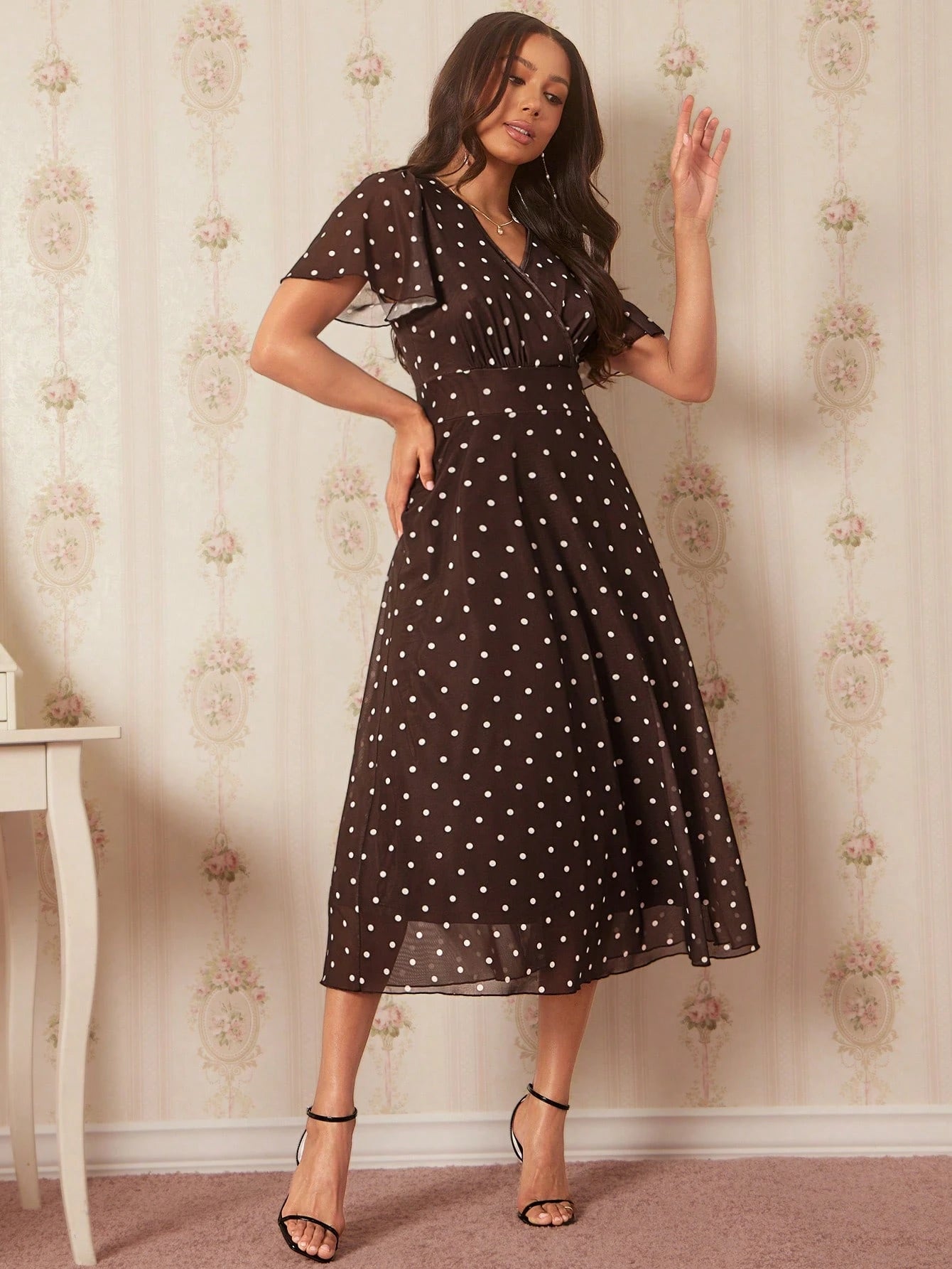 Amorya Women's Elegant 80s 70's 90s Brown And White Polka Dot Print V-Neck Mid-Length Dress Retro Zanea Summer Holiday Party