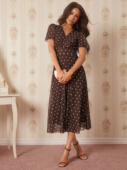 Amorya Women's Elegant 80s 70's 90s Brown And White Polka Dot Print V-Neck Mid-Length Dress Retro Zanea Summer Holiday Party
