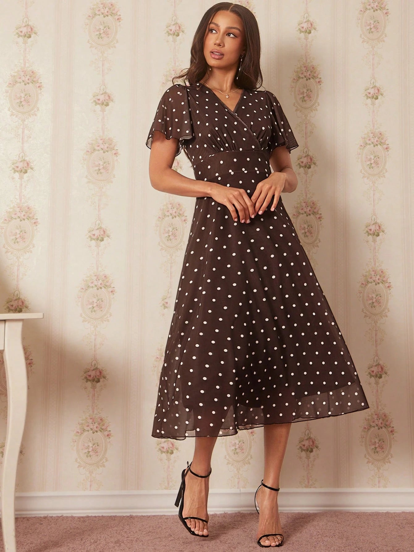 Amorya Women's Elegant 80s 70's 90s Brown And White Polka Dot Print V-Neck Mid-Length Dress Retro Zanea Summer Holiday Party