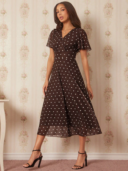 Amorya Women's Elegant 80s 70's 90s Brown And White Polka Dot Print V-Neck Mid-Length Dress Retro Zanea Summer Holiday Party