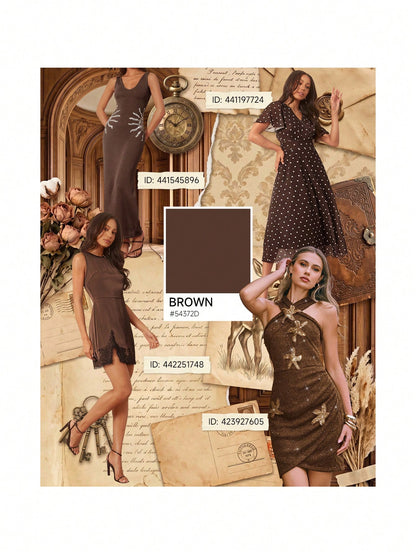 Amorya Women's Elegant 80s 70's 90s Brown And White Polka Dot Print V-Neck Mid-Length Dress Retro Zanea Summer Holiday Party