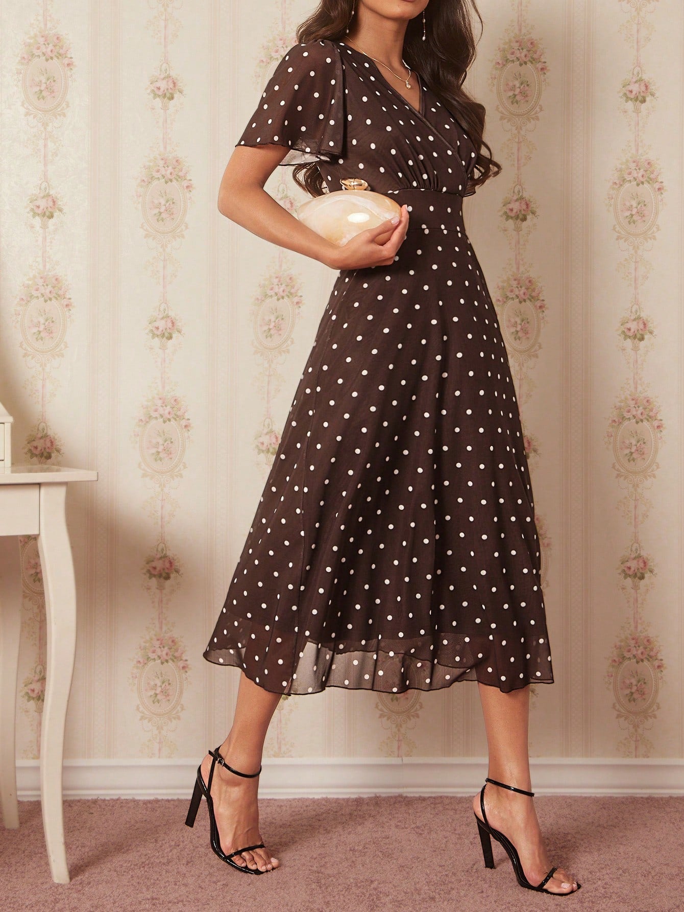Amorya Women's Elegant 80s 70's 90s Brown And White Polka Dot Print V-Neck Mid-Length Dress Retro Zanea Summer Holiday Party