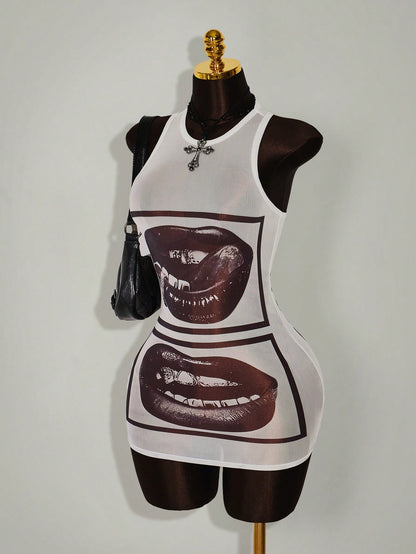 Amplova Gyaru Style Sexy Rave Night Club Outfits Festival Rave Outfits Festival Lip Print Sheer Bodycon Mini Dress White And Black Summer