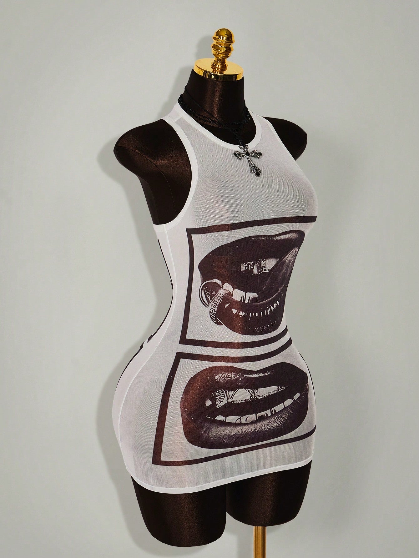 Amplova Gyaru Style Sexy Rave Night Club Outfits Festival Rave Outfits Festival Lip Print Sheer Bodycon Mini Dress White And Black Summer