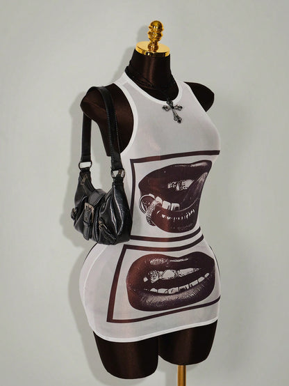 Amplova Gyaru Style Sexy Rave Night Club Outfits Festival Rave Outfits Festival Lip Print Sheer Bodycon Mini Dress White And Black Summer