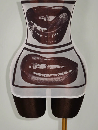 Amplova Gyaru Style Sexy Rave Night Club Outfits Festival Rave Outfits Festival Lip Print Sheer Bodycon Mini Dress White And Black Summer