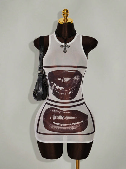 Amplova Gyaru Style Sexy Rave Night Club Outfits Festival Rave Outfits Festival Lip Print Sheer Bodycon Mini Dress White And Black Summer